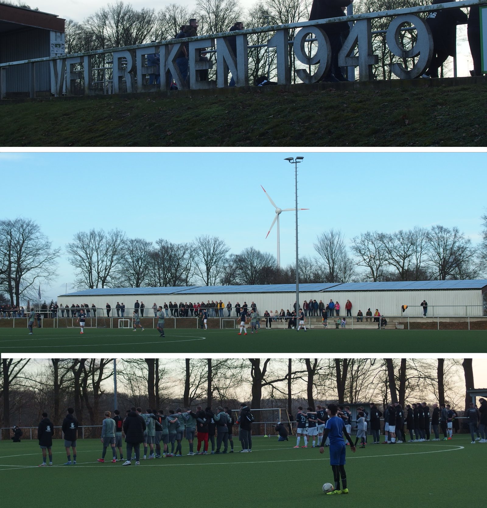 Collage: alte Vereinstypo »VfL Reken 1949«, Windräder im Hintergrund, beide Teams während des 11Meterschiessens am Mittelkreis
