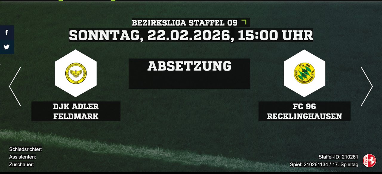 Screenshot des abgesetzten Spiels Adler Feldmark - FC 96 bei fussball.de Screenshot des abgesetzten Spiels Adler Feldmark - FC 96 bei fussball.de
