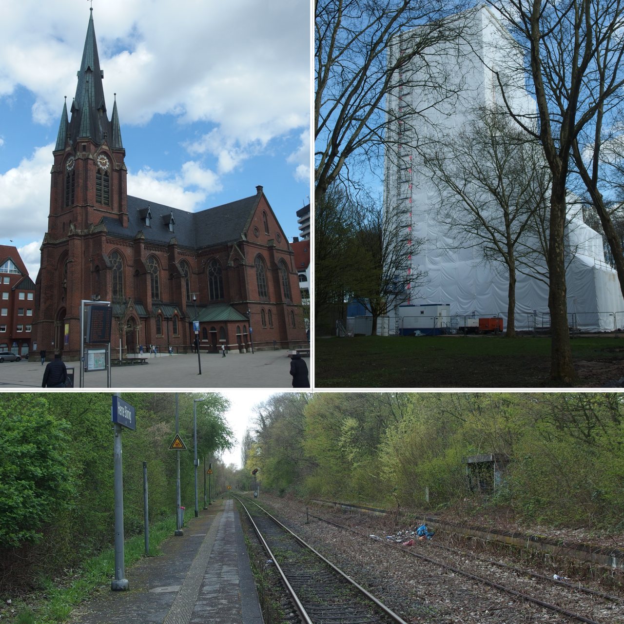 vlnr: Kreuzkirche, eingepackter Förderturm Teutoburgia, Bahnstation Herne-Börnig vlnr: Kreuzkirche, eingepackter Förderturm Teutoburgia, Bahnstation Herne-Börnig