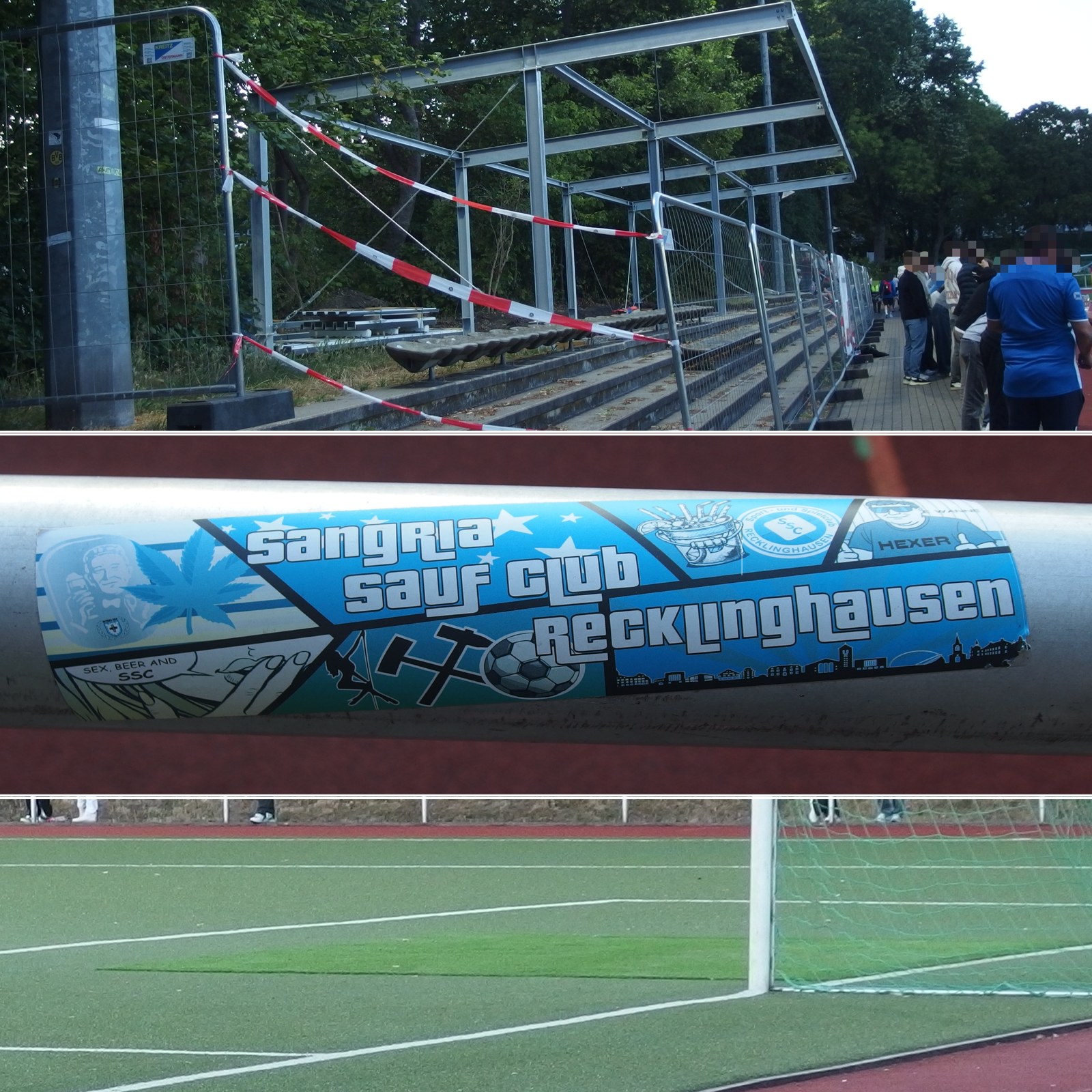 Kollage vom Spiel in Hombruch: Tribüne als Baustelle, SSC Re-Sticker von anno tuck, Kunstrasen-Reparatur im 5-Meterraum Kollage vom Spiel in Hombruch: Tribüne als Baustelle, SSC Re-Sticker von anno tuck, Kunstrasen-Reparatur im 5-Meterraum
